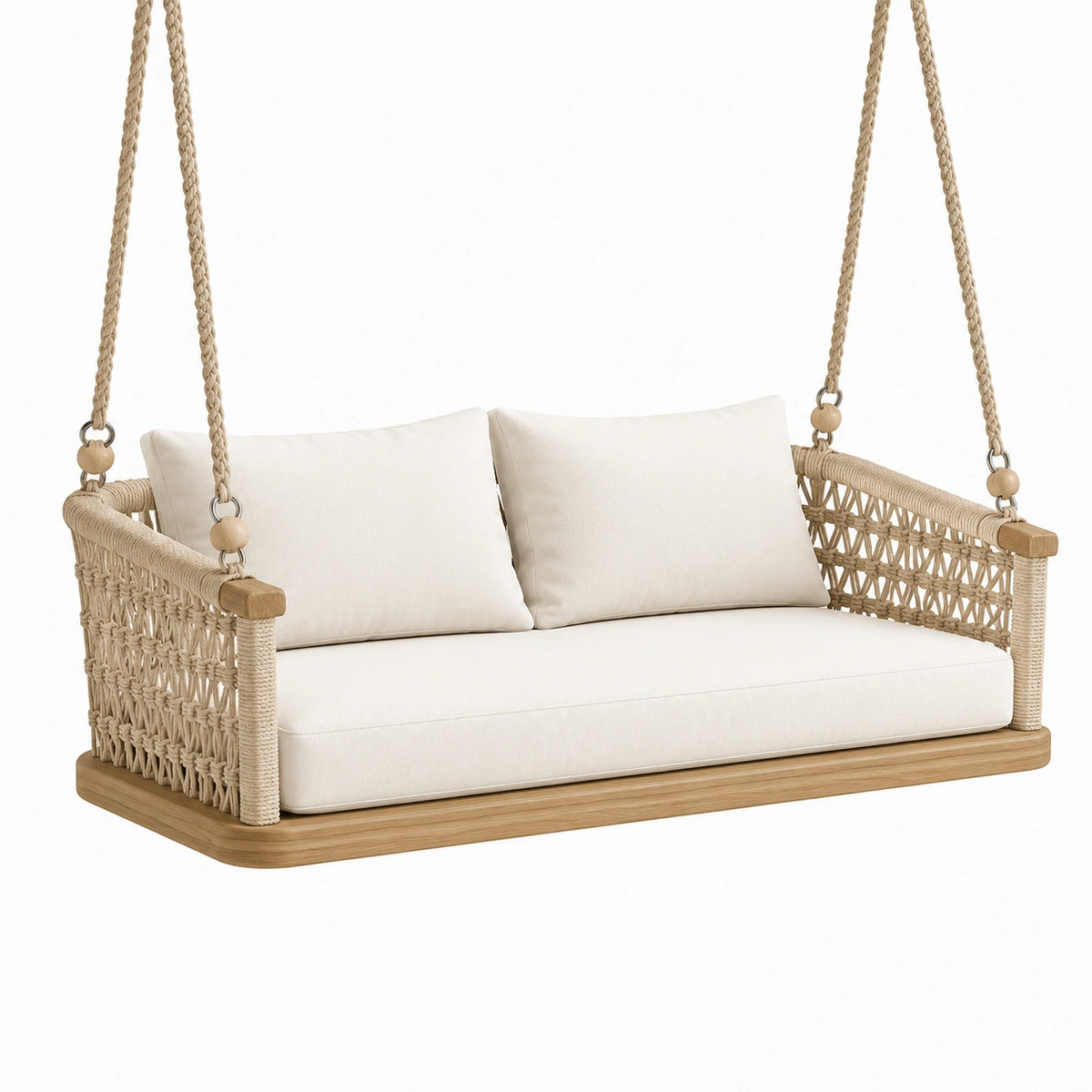 Zweisitzige Holz-Hängeschaukel mit geflochtenen Seilen, 160 × 80 × 65 cm, Naturbeige/Weiß