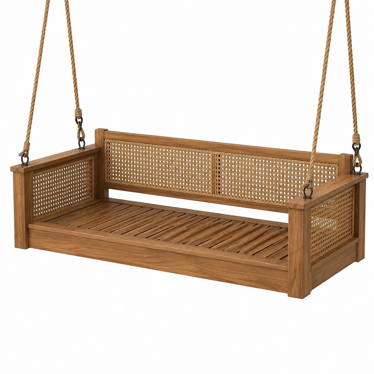 Hängesitzbank aus Holz mit Rattangeflecht, 120 × 65 × 55 cm, Naturbraun/Beige