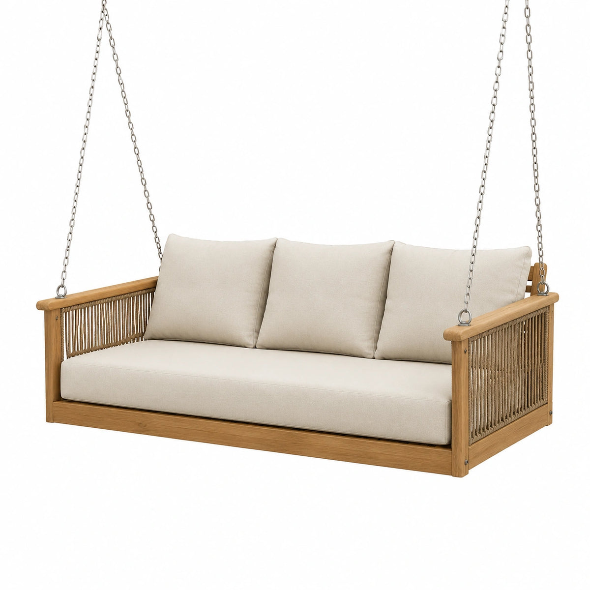 Hängesofa aus Naturholz mit Seilgeflecht, 200 × 80 × 70 cm, Natur/Beige/Silber