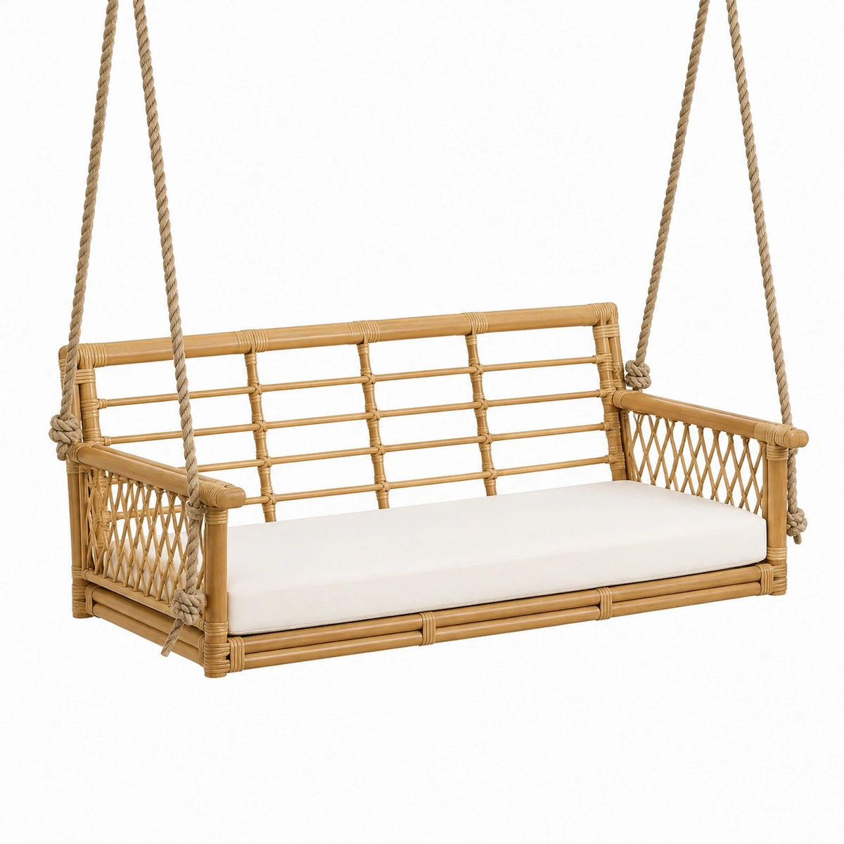 Rattan-Hängeschaukelbank mit Seilaufhängung und Sitzkissen, Natur/Beige, 120 x 65 x 65 cm