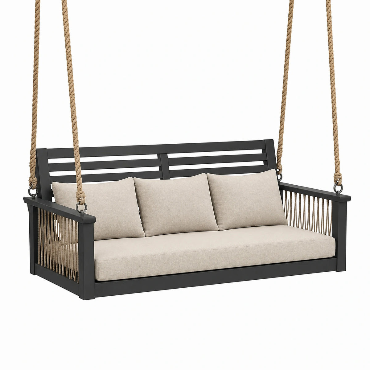 Hängesofa aus Metall mit Seilbespannung, 180 x 75 x 70 cm, Schwarz/Beige