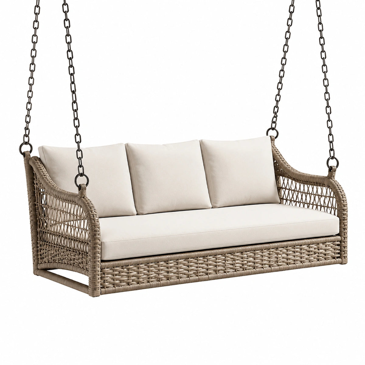 Boho-Hängesofa aus Kunststoffgeflecht mit Polstern, Beige/Schwarz, 160 × 80 × 70 cm