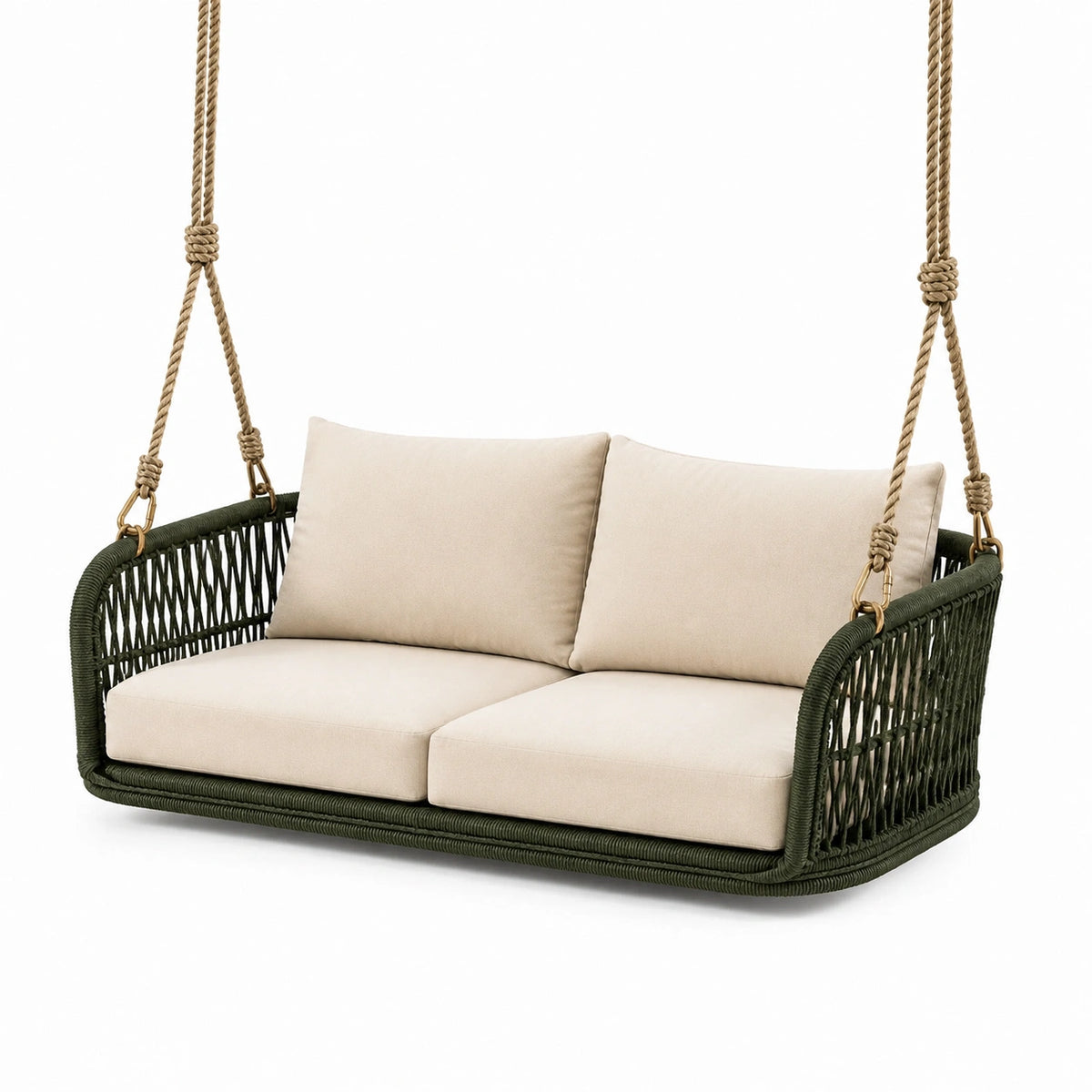 Zweisitziges Hängesofa 130 × 70 × 55 cm aus grünem Kunststoffseilgeflecht mit beigen Polstern