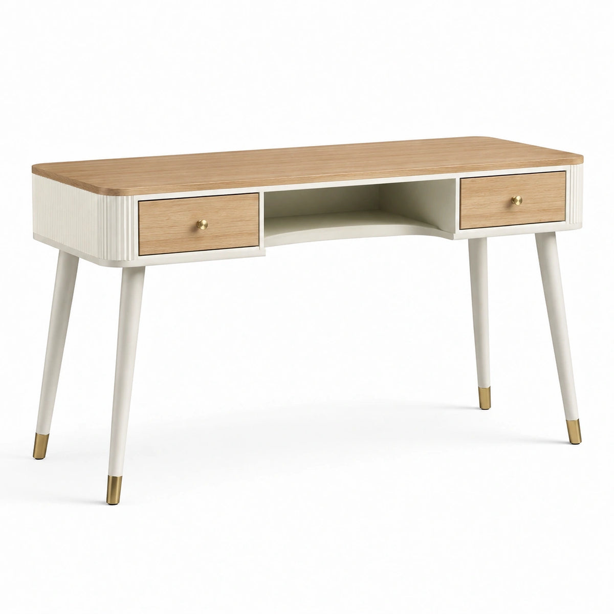 Moderner Schreibtisch 120 x 55 x 76 cm in Hellbraun, Creme und Gold mit 2 Schubladen