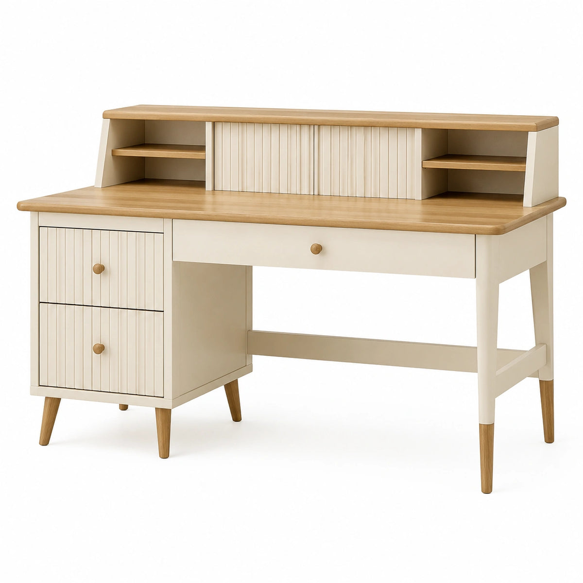 Skandinavischer Schreibtisch mit Aufsatz und Stauraum, 120 × 60 × 110 cm, Creme/Natur