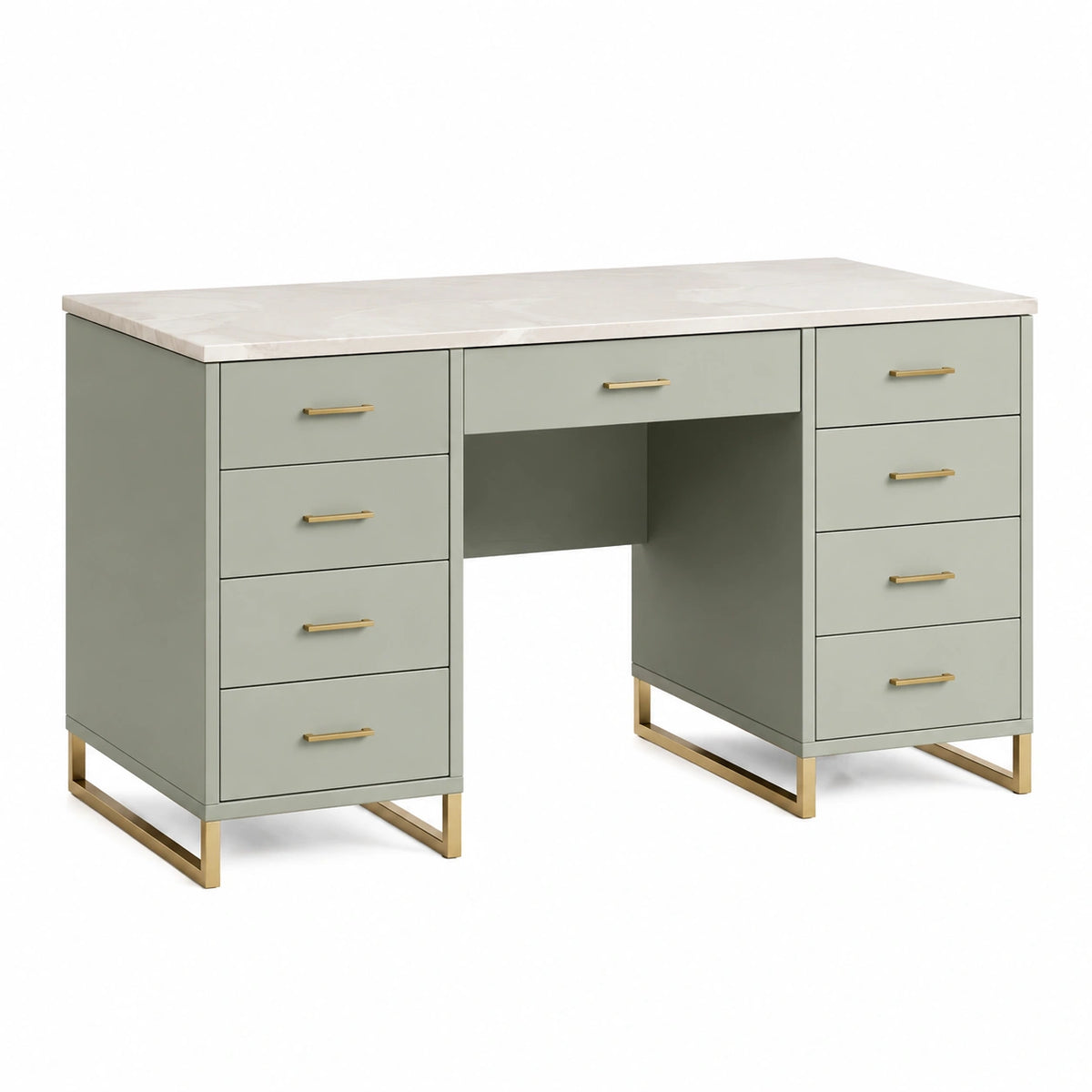 Schreibtisch 140 x 60 x 76 cm Salbeigrün mit Arbeitsplatte in Marmoroptik und 9 Schubladen