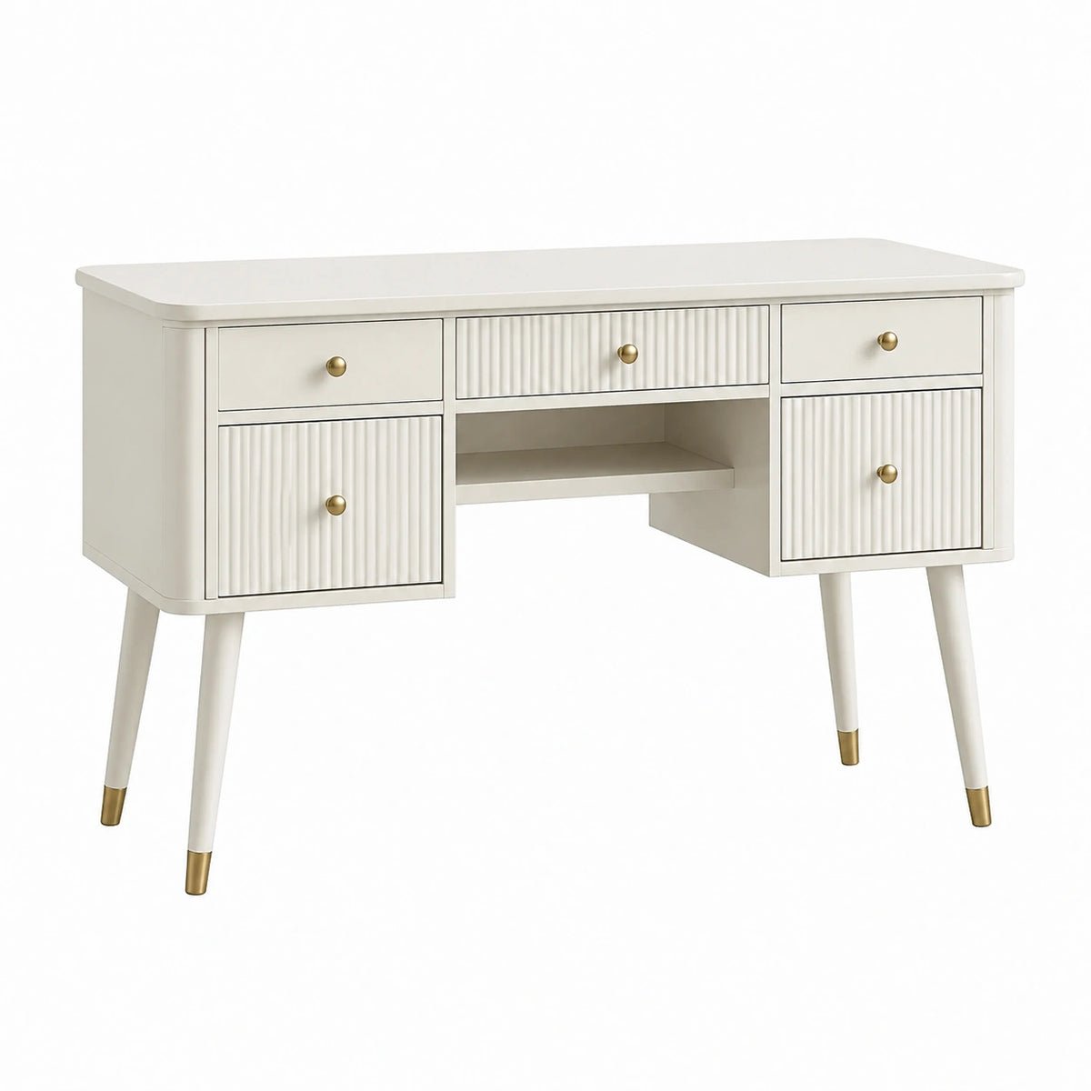 Retro-Schreibtisch 120 × 50 × 80 cm aus Holzwerkstoff in Weiß/Gold mit 3 Schubladen und 2 Türen