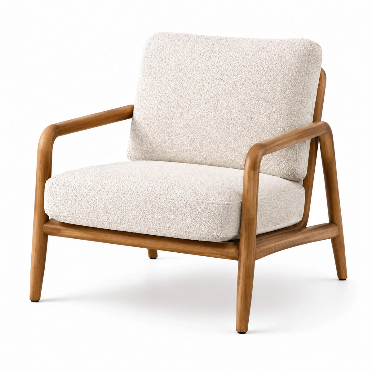 Moderner Sessel 75 × 80 × 80 cm mit Bouclébezug in Creme und Holzgestell in Braun