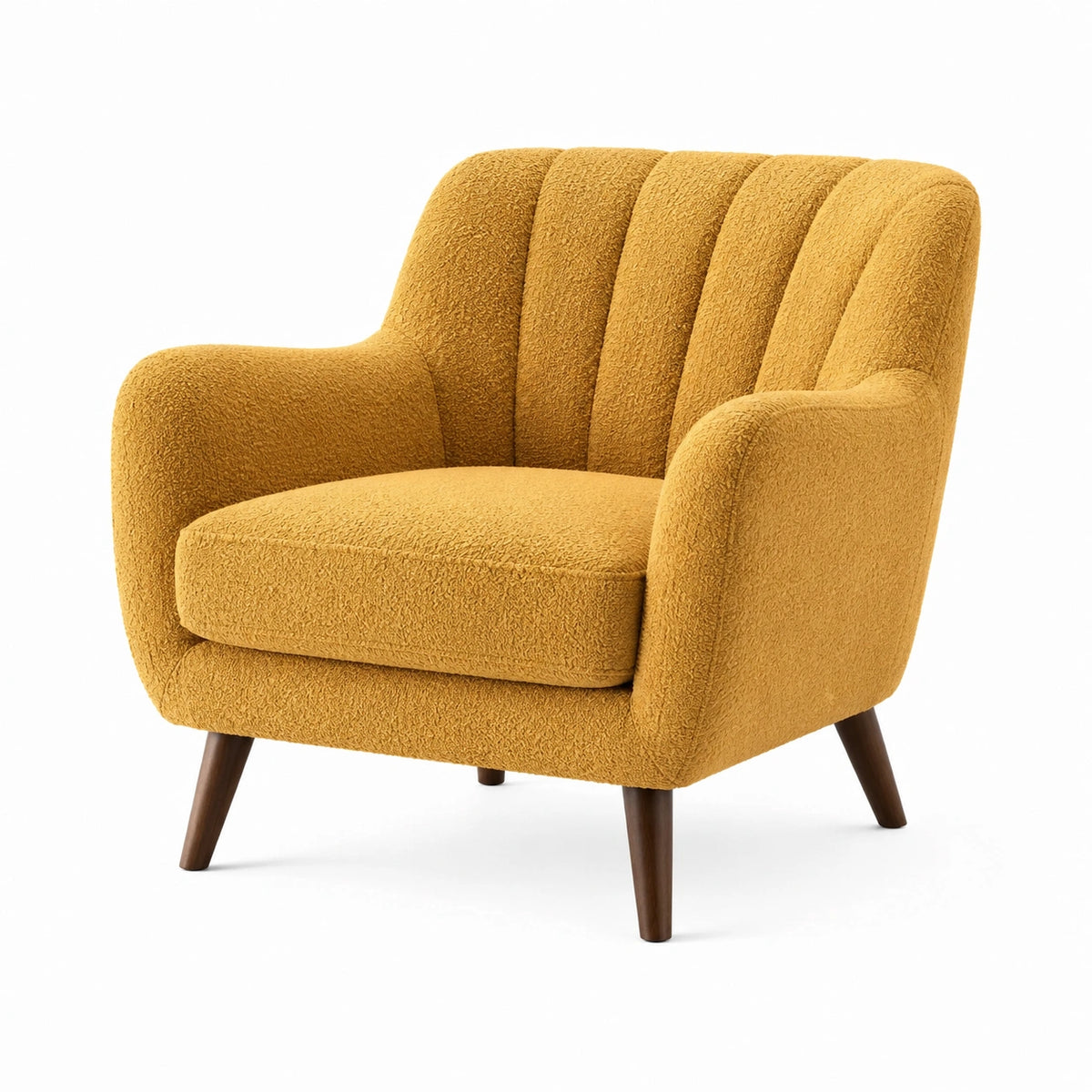 Retro-Sessel 78 × 75 × 82 cm in Senfgelb mit dunkelbraunen Holzbeinen