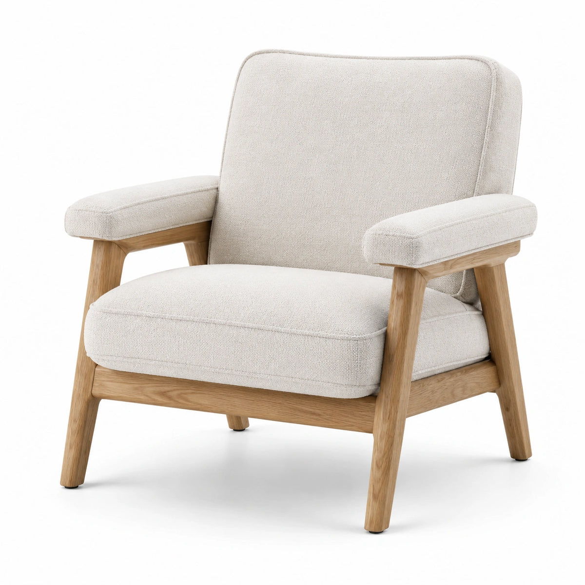 Skandinavischer Sessel 78 × 82 × 92 cm mit Bouclébezug in Creme und Holzgestell in Naturholz