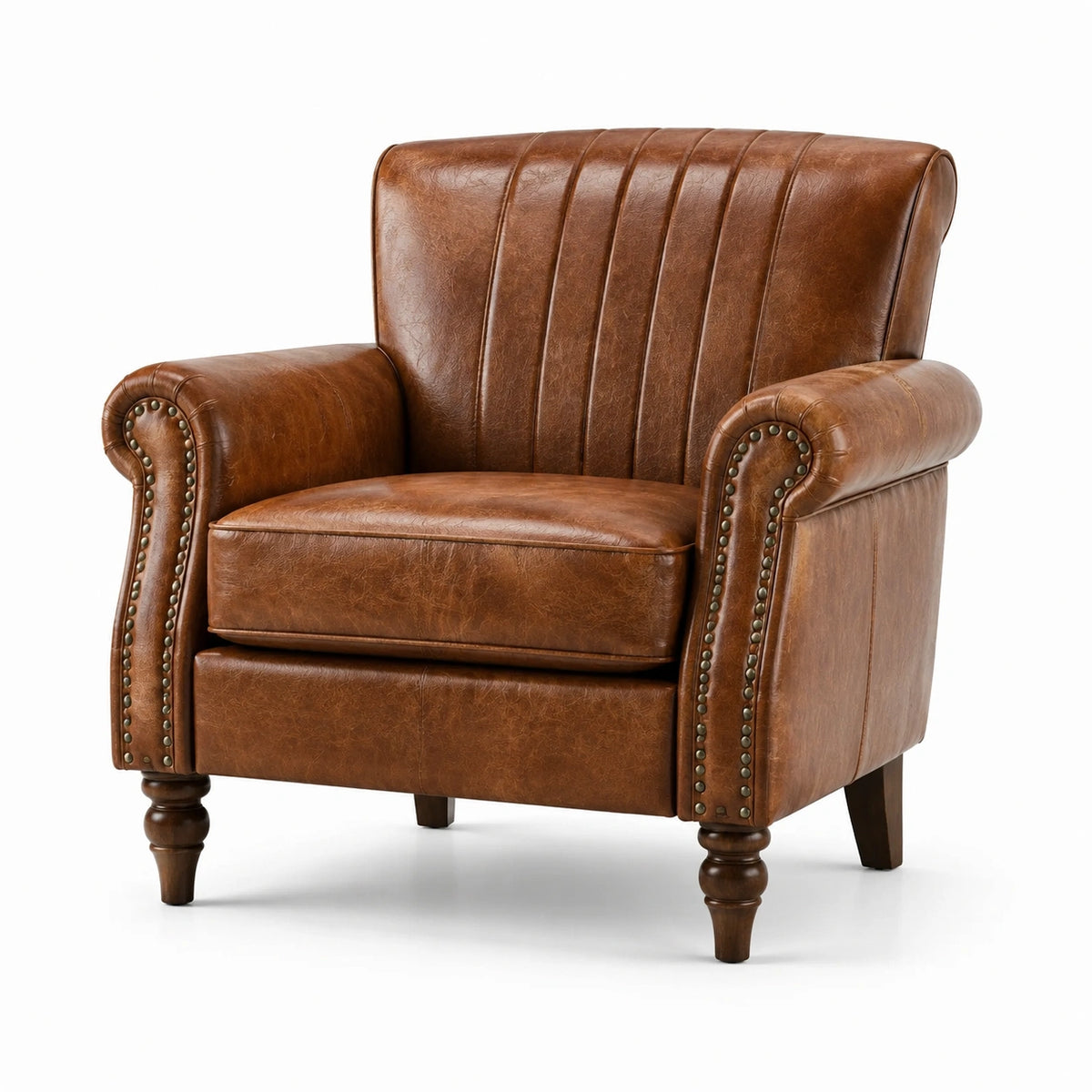 Vintage-Sessel aus braunem Kunstleder mit Nieten, 85 × 90 × 100 cm