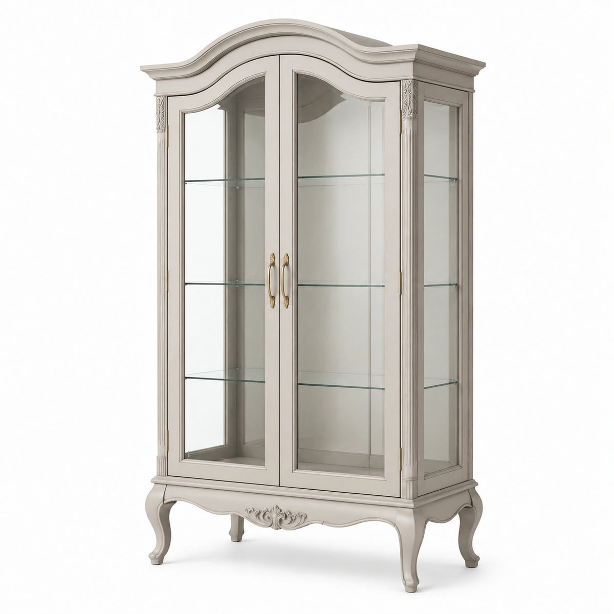 Klassischer Vitrinenschrank 100 × 45 × 190 cm aus Holz und Glas in Cremeweiß mit goldfarbenen Griffen
