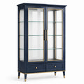 Vitrine aus Holz und Glas, 100 x 40 x 180 cm, Dunkelblau mit goldfarbenen Akzenten