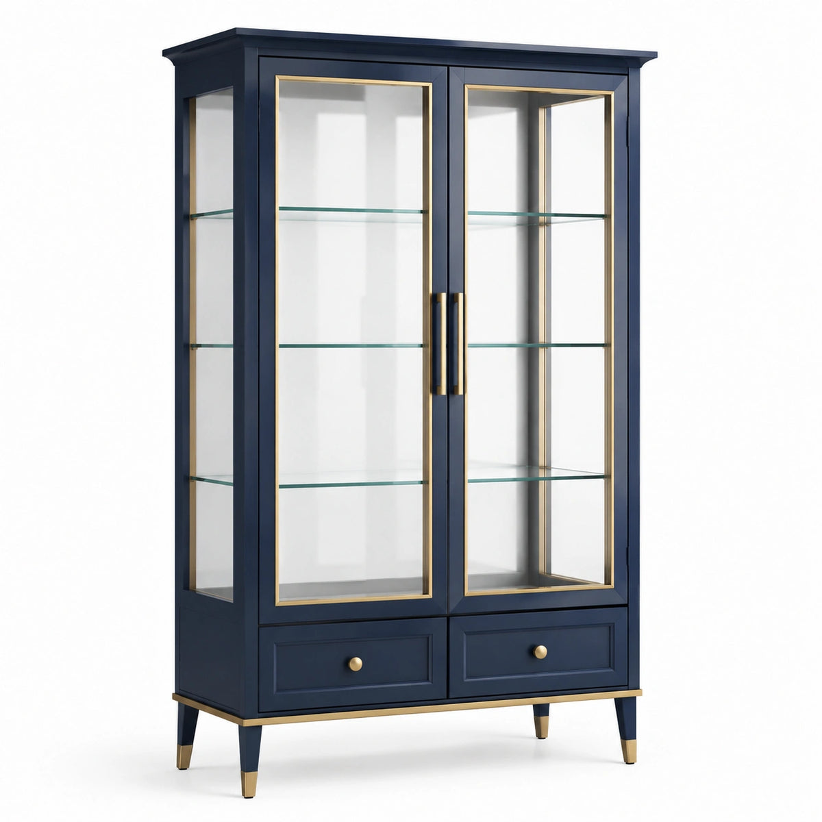 Vitrine aus Holz und Glas, 100 x 40 x 180 cm, Dunkelblau mit goldfarbenen Akzenten