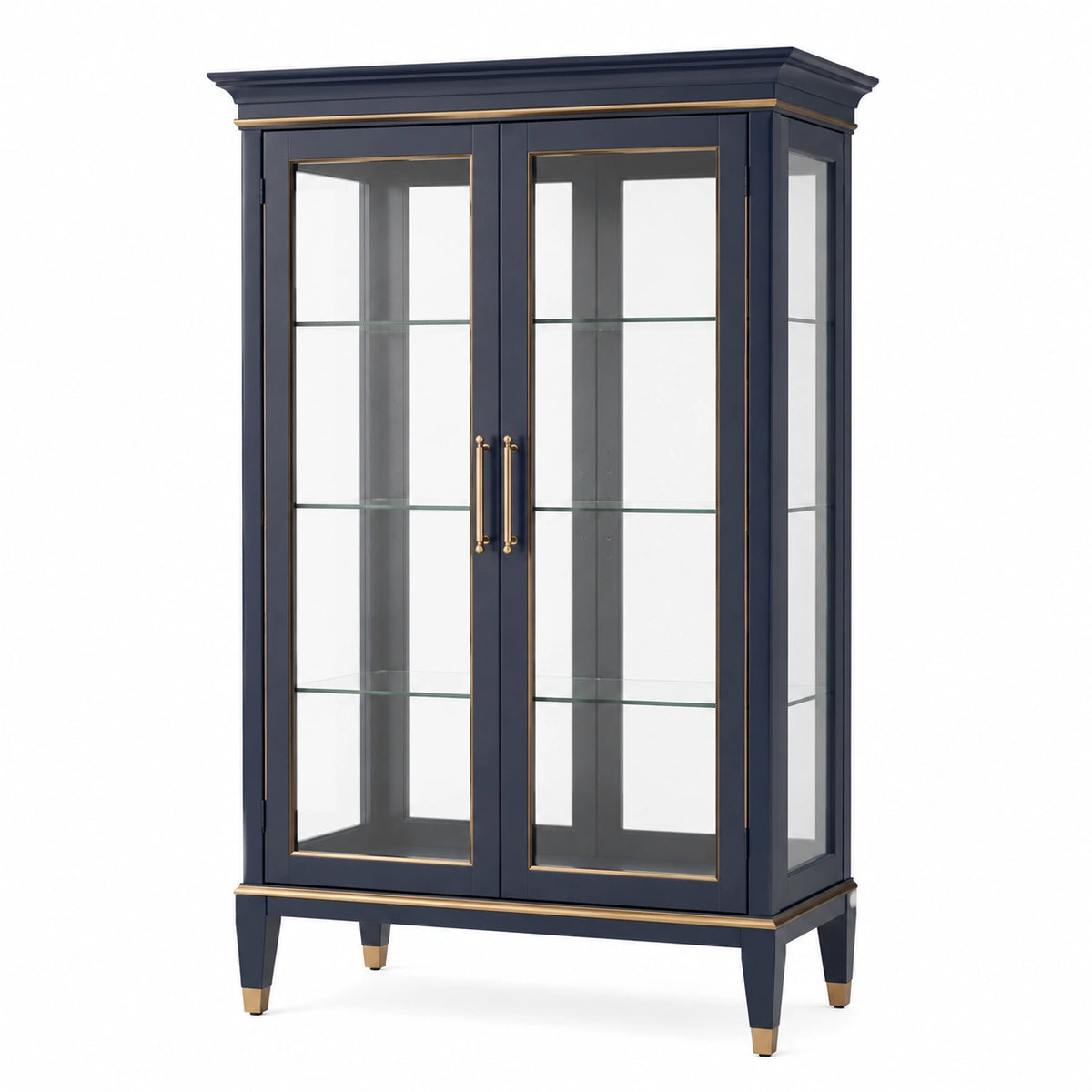 Klassische Vitrine 100 × 40 × 180 cm in Dunkelblau mit goldfarbenen Details und Glastüren