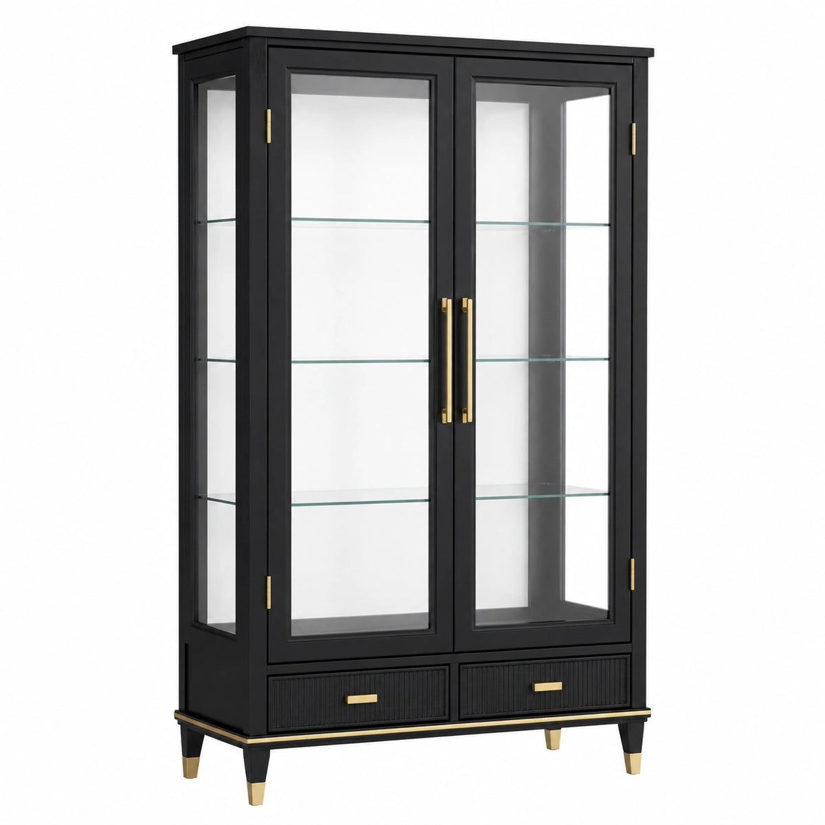 Vitrine 100 × 40 × 180 cm in Schwarz/Gold mit Glastüren, Glasablagen und 2 Schubladen