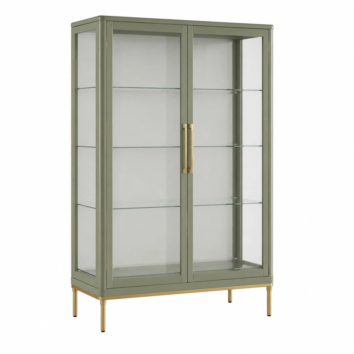 Grüne Glasvitrine mit goldfarbenen Metallfüßen, 90 × 40 × 180 cm