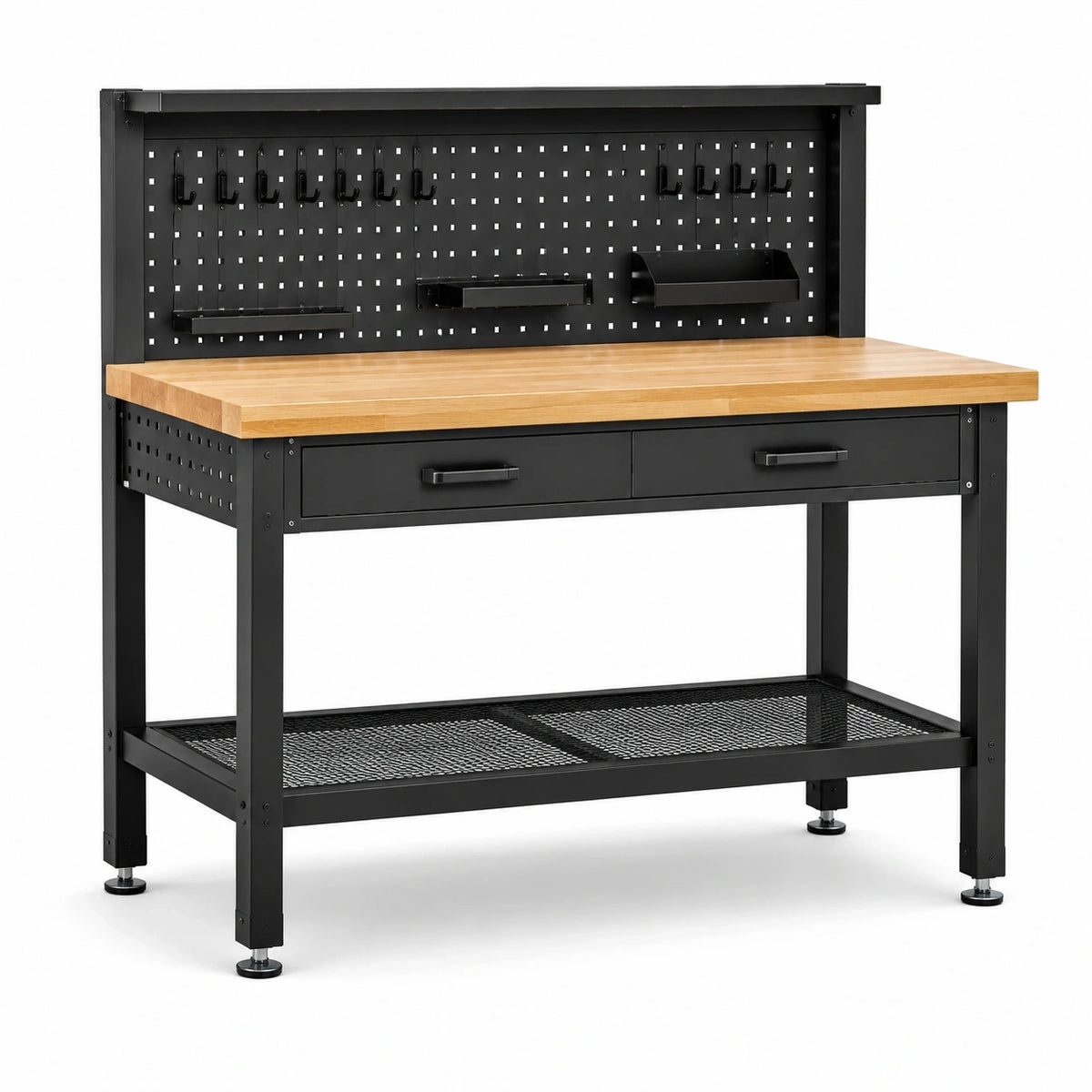 Metall-Holz-Konstruktion 120 × 60 × 155 cm in Schwarz/Natur mit Lochwand, 2 Schubladen und Gitterablage