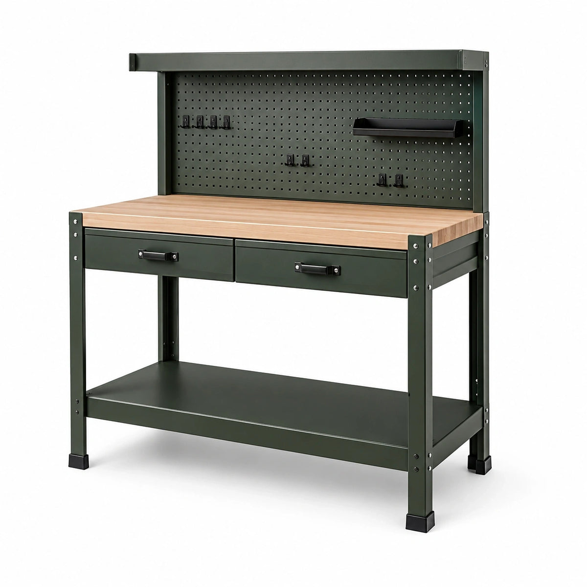 Werkbank im Industriestil mit Lochwand, 120 × 60 × 150 cm, Stahl und Holzwerkstoff, Dunkelgrün/Naturholz