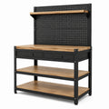 Werkbank aus Stahl und Holzwerkstoff, 120 × 60 × 180 cm, mit Lochwand, 2 Schubladen und Ablagen, Schwarz/Natur