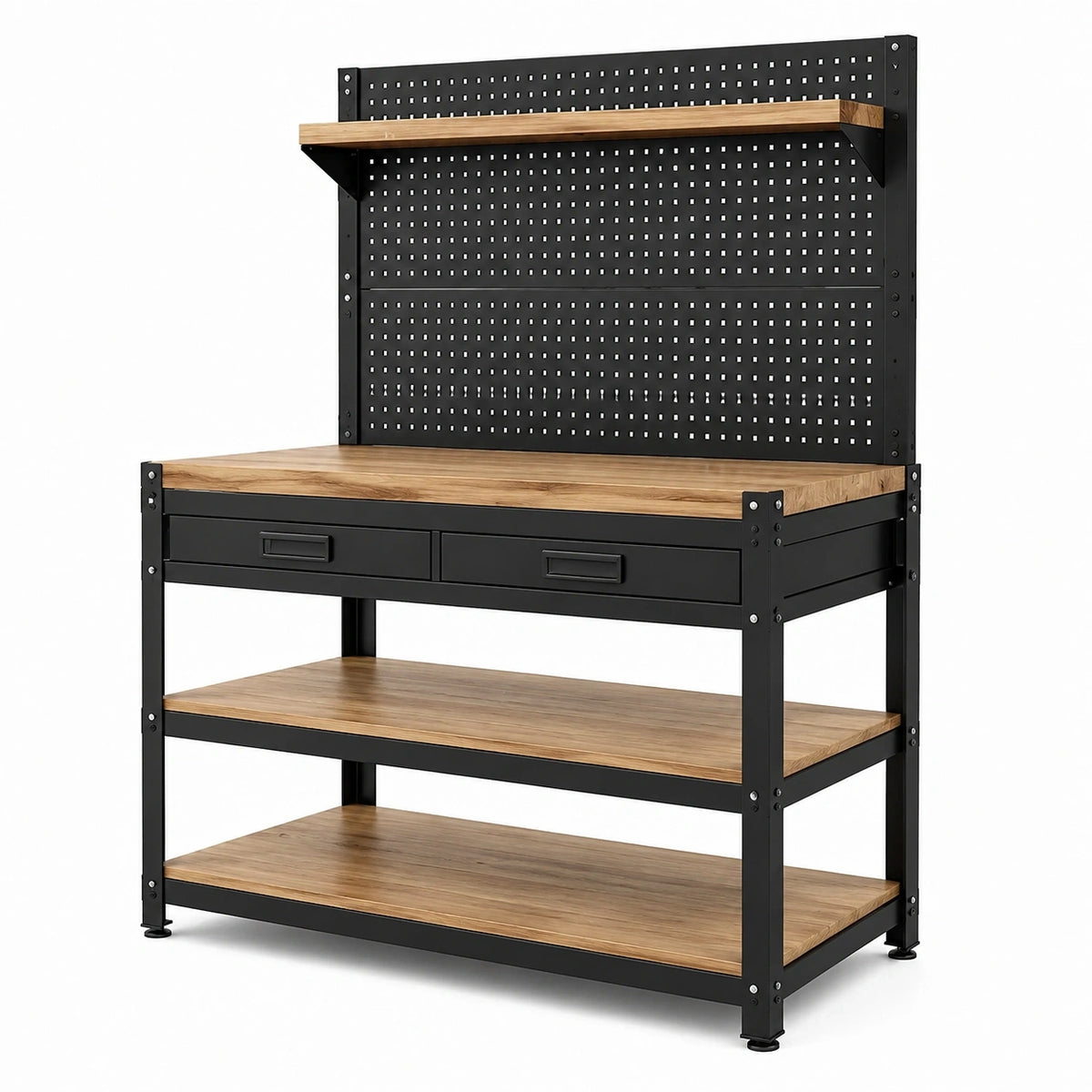 Werkbank aus Stahl und Holzwerkstoff, 120 × 60 × 180 cm, mit Lochwand, 2 Schubladen und Ablagen, Schwarz/Natur