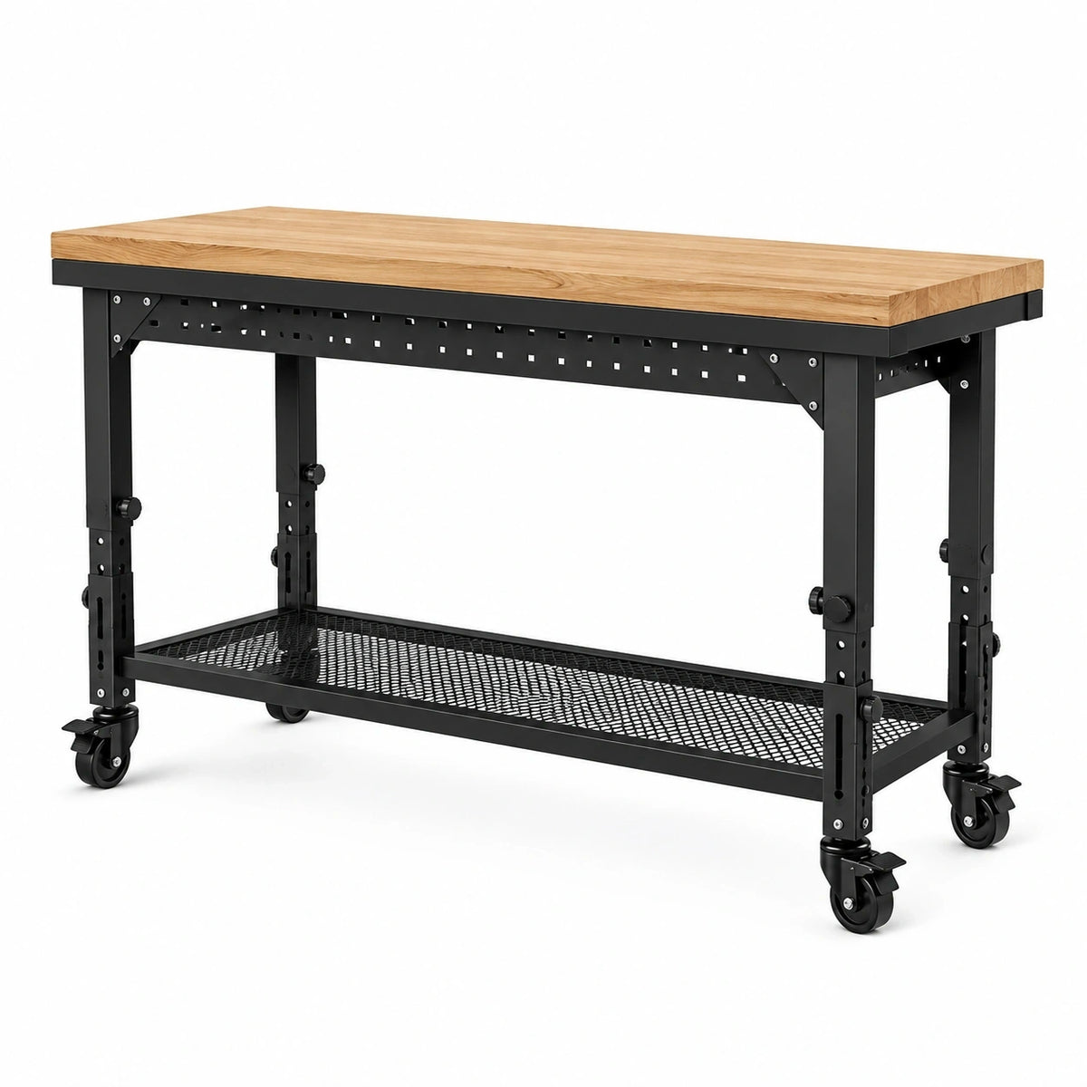 Höhenverstellbare Werkbank 152 × 61 × 91 cm Natur/Schwarz mit Rollen und Gitterablage