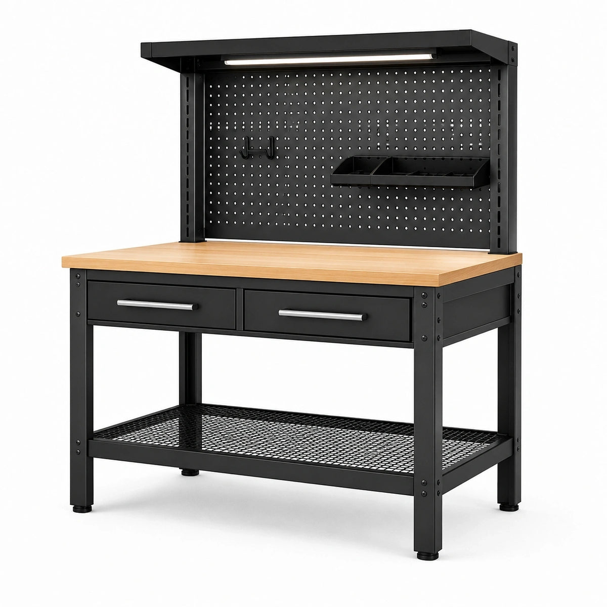 Werkbank 120 × 60 × 180 cm mit Lochwand, Arbeitsleuchte, 2 Schubladen und Gitterablage, Schwarz/Natur