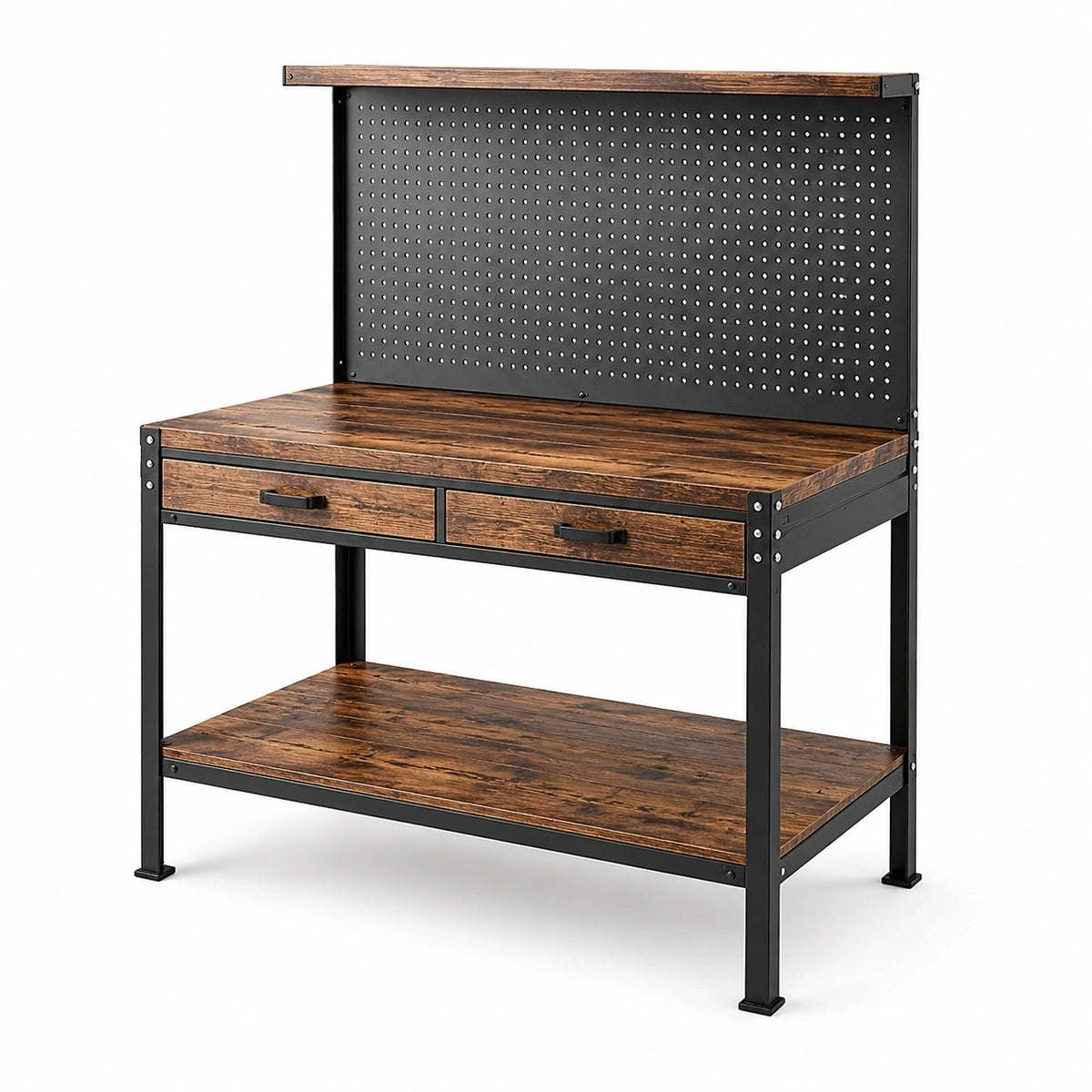 Werkbank 120 × 60 × 150 cm Braun/Schwarz mit Lochwand, 2 Schubladen und Ablage